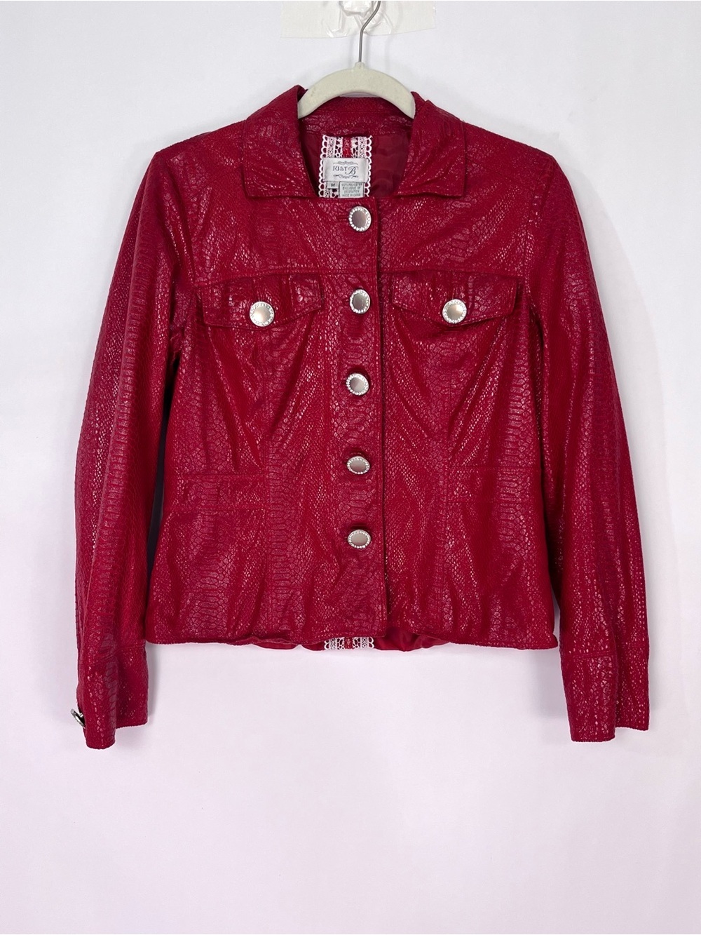 Just B Red Snakeskin Animal Print Jacket Rhinestone Bling Buttons Sz Medium
